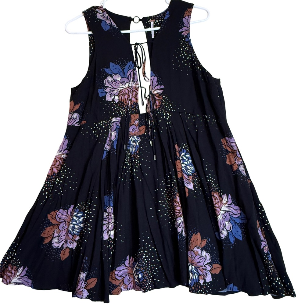 Free People Black Floral Print Sleeveless Mini Dress Boho Festival Small